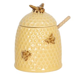 Žlutá keramická dóza na med se lžičkou se včelkami - Ø 11*14 cm Clayre & Eef