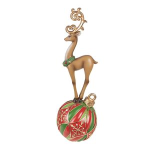 Hnědá vánoční dekorace socha Jelen na vánoční kouli s led světýlky  - 14*14*43 cm Clayre & Eef