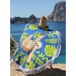 Modrý kulatý plážový bavlněný ručník s třásněmi a lenochodem Sloth - Ø180 cm Mycha Ibiza new