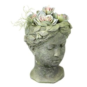 Šedo-zelený antik cementový květináč hlava ženy - 15*15*25 cm Light & Living